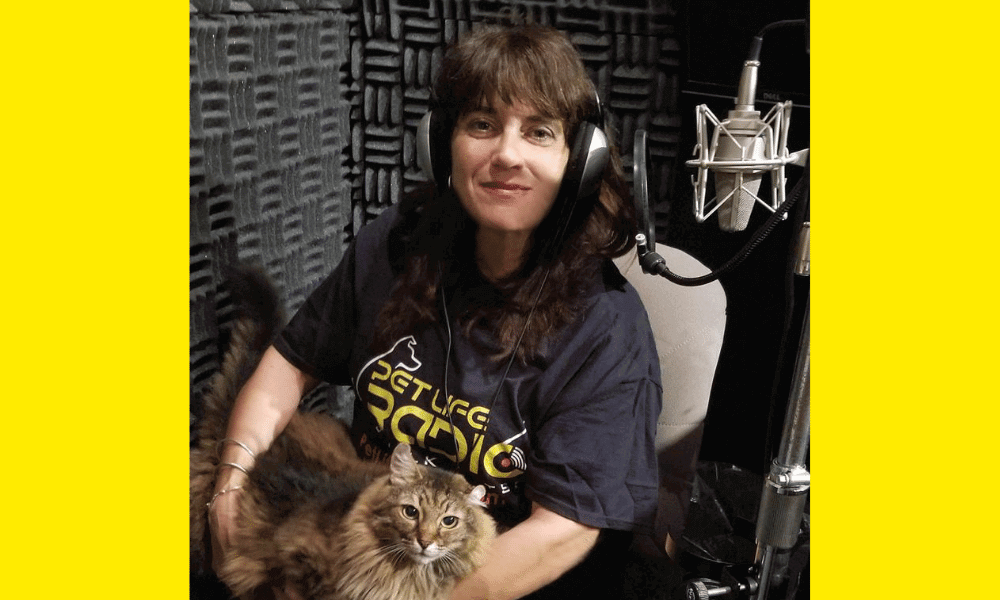 cat podcast female host with cat