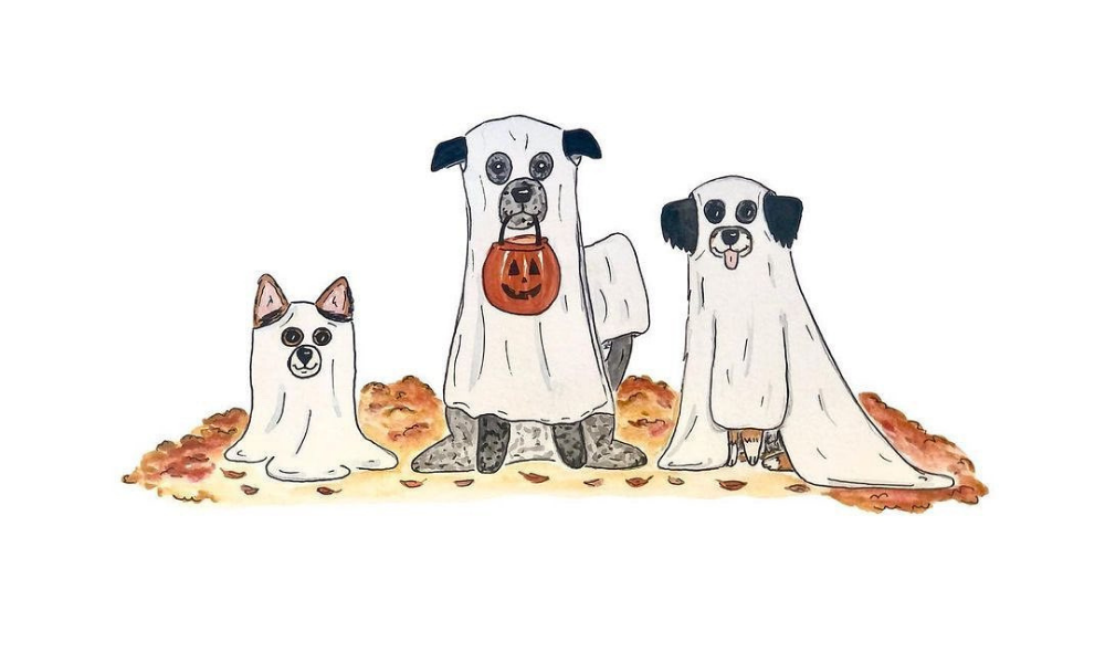 painting of pets in ghost costumes trick or treating on halloween