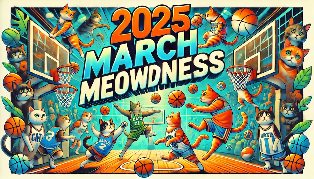 2025 March Meowdness blog graphic of cats playing basketball